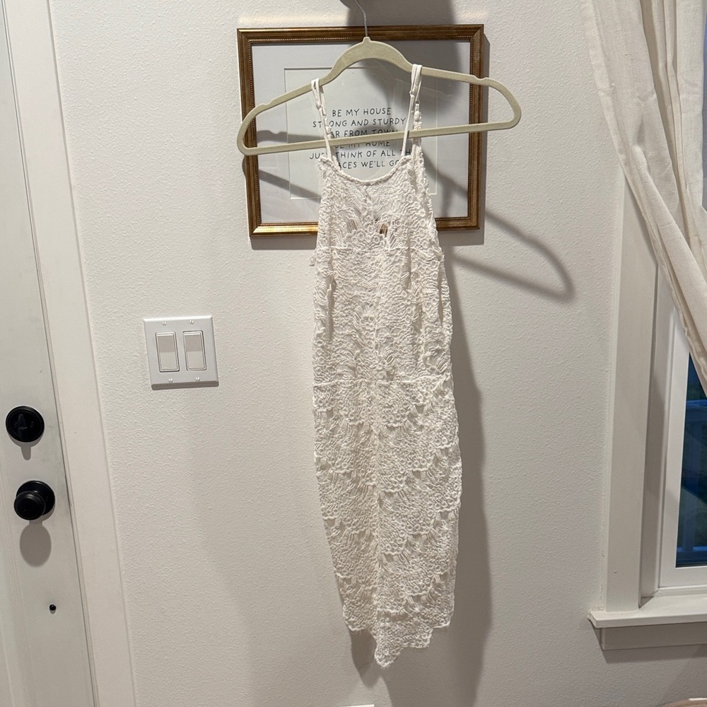 Free People Ivory Crochet Maxi Cover-Up with Fringe